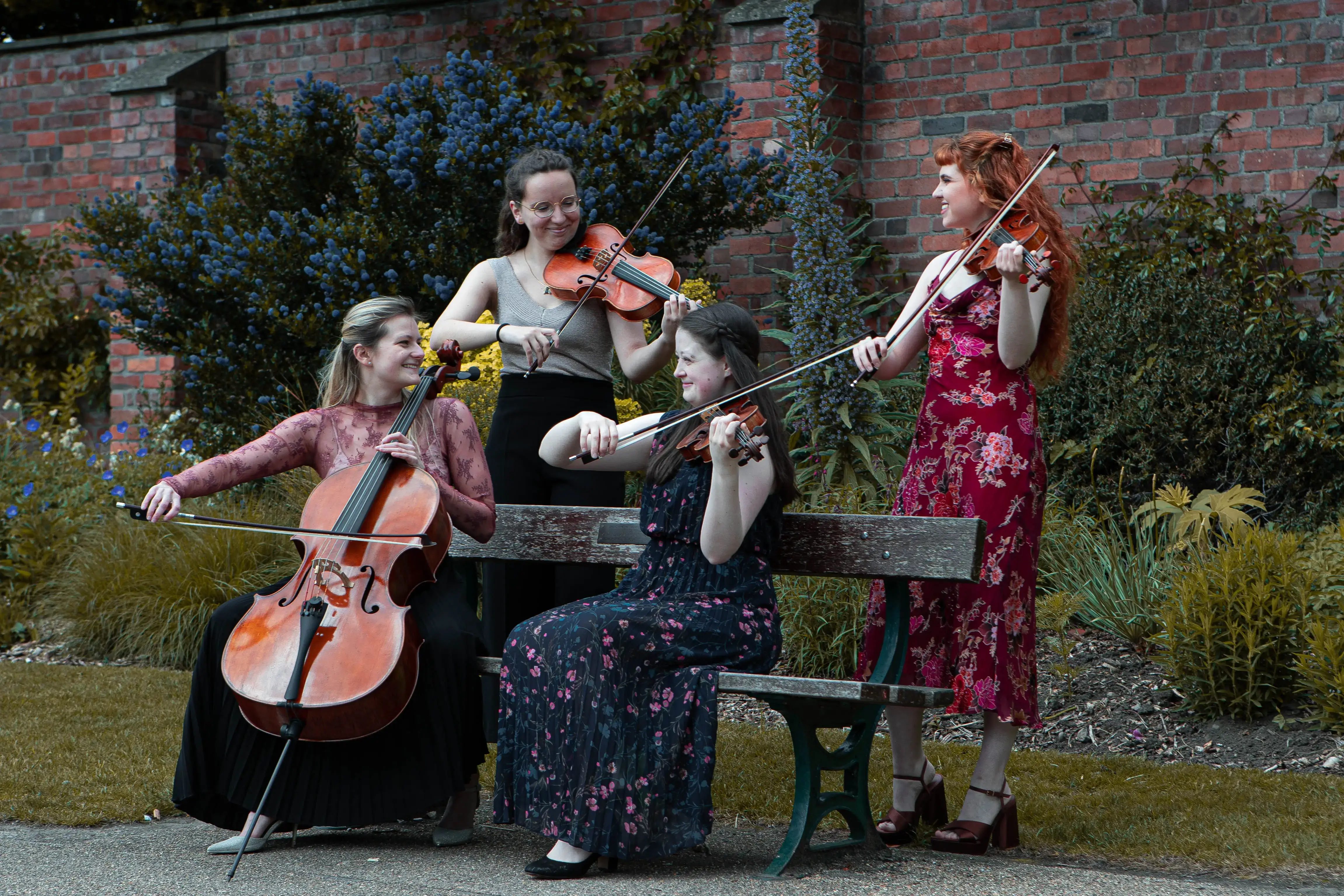 serenade strings on a bench playing and smiling