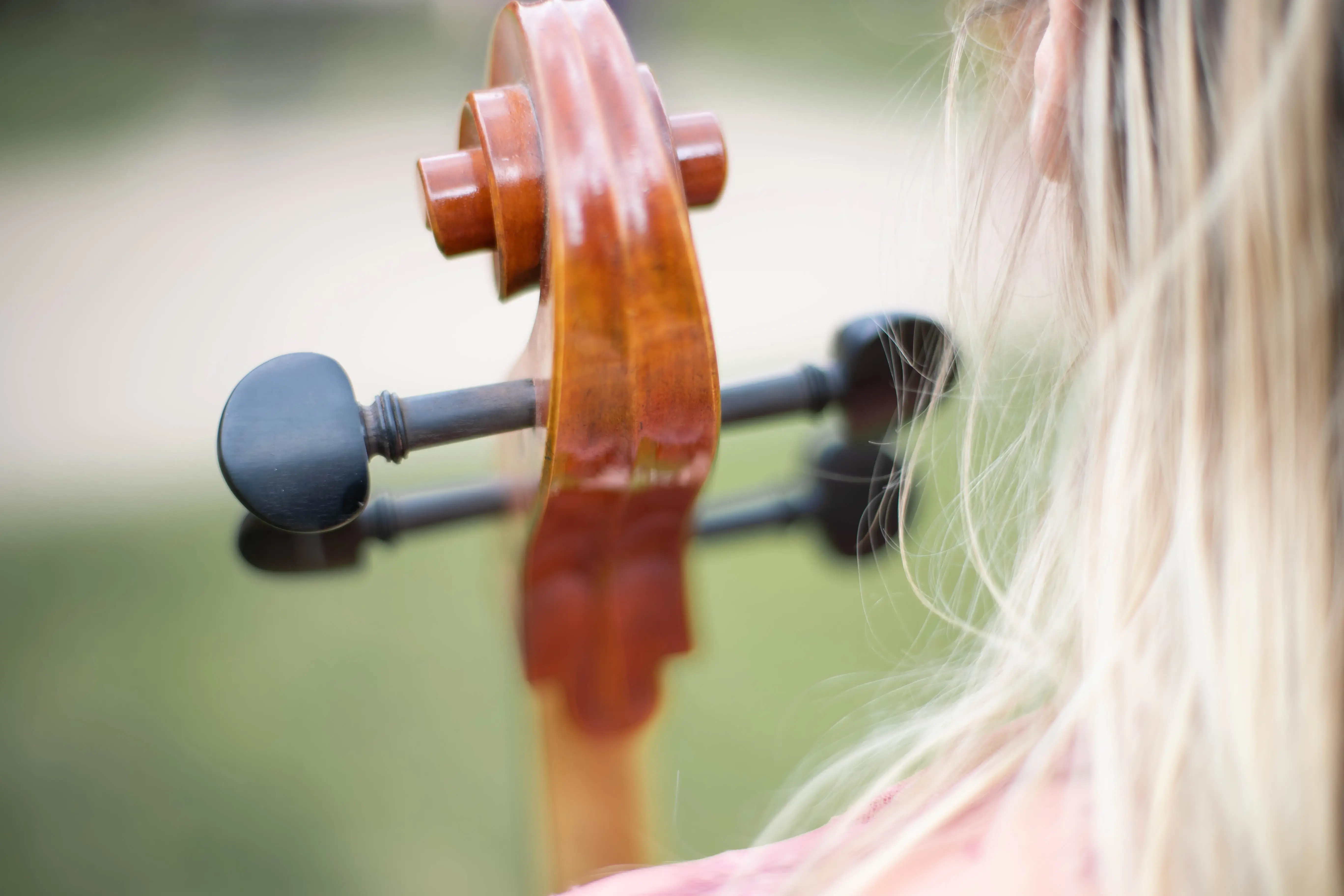 image of cello scroll from behind